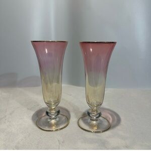 D'autore, 2 -Gold to Pink Iridescent Gold Rim Short Stem Flutes Glasses.  7”